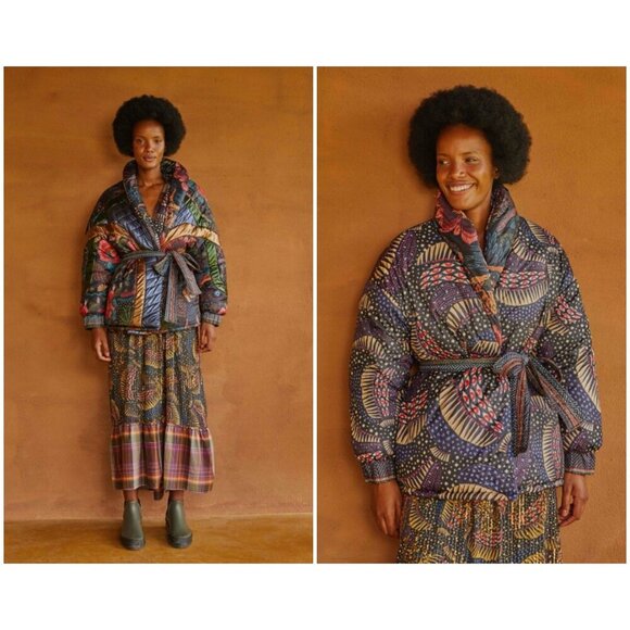 💕FARM RIO💕 Black Wild Bananas Metallic Reversible Puffer Jacket Large L NWT - Picture 2 of 16